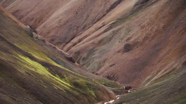 Landmannalaugar Πολύχρωμα βουνά στο μονοπάτι πεζοπορίας Laugavegur. Ισλανδία. Ο συνδυασμός στρωμάτων πολύχρωμων πετρωμάτων, ορυκτών, χόρτου και βρύων — Αρχείο Βίντεο