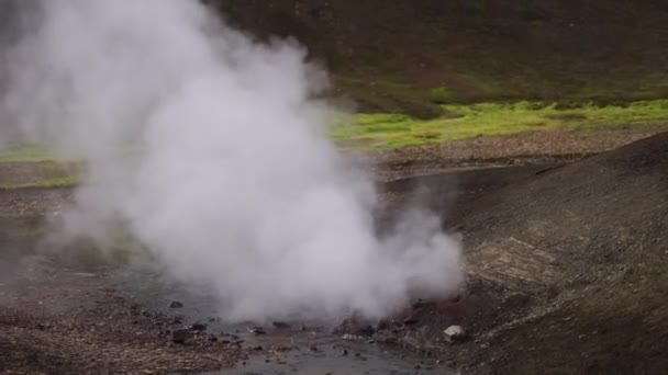 Sopečná aktivní krajina s žábou, ledovcem, kopci a zeleným mechem na stezce Fimmvorduhals poblíž Landmannalaugar letního slunečného dne, Island — Stock video