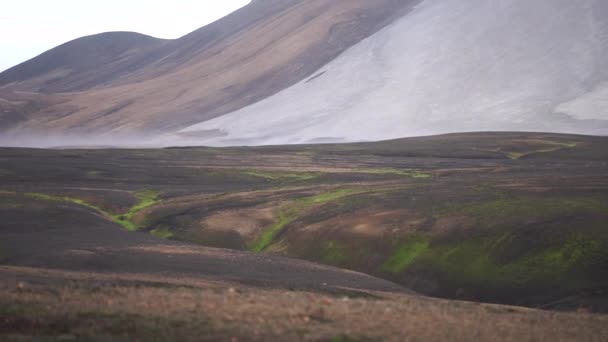 Krásná krajina s ledovcem, kopci a mechem na stezce Fimmvorduhals nedaleko Landmannalaugar letního slunečného dne, Island — Stock video