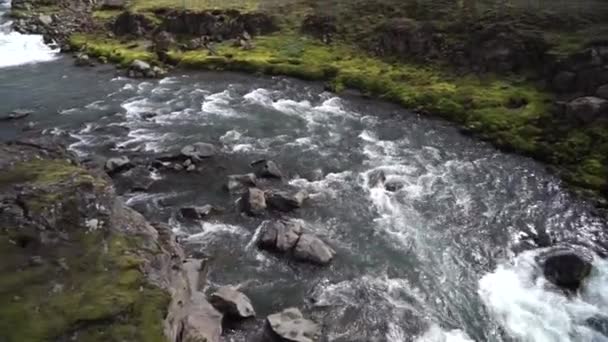 Μεγαλοπρεπές τοπίο με πολύχρωμη γεωλογική δομή, πράσινα βρύα και ποτάμι που περνά σε αργή κίνηση. Διαδρομή πεζοπορίας Laugavegur, Ισλανδία — Αρχείο Βίντεο