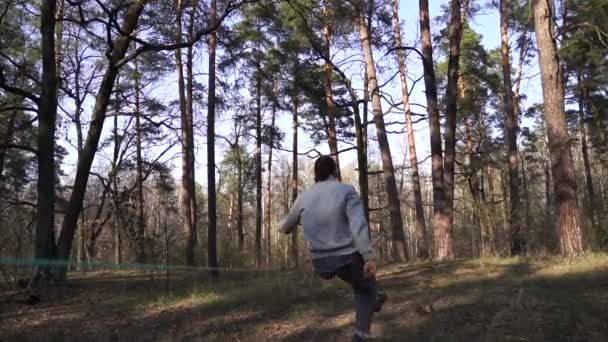 Omul sărind și făcând trucuri pe linia slackline în pădure în mișcare lentă — Videoclip de stoc