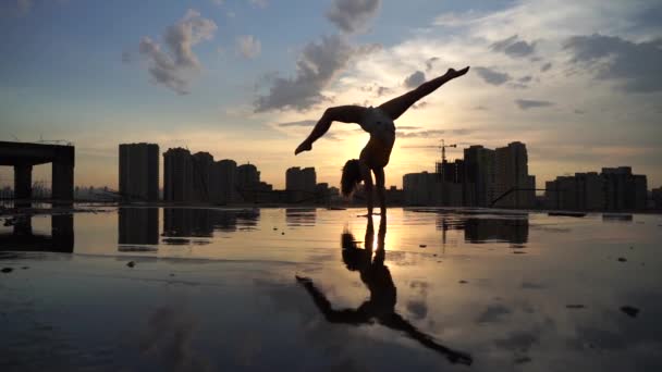 Flexibel kvinnlig gymnast gör handställning och kalisthenic med reflektion i vattnet på stadsbilden bakgrund under dramatisk solnedgång i slow motion — Stockvideo