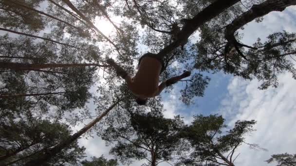 Artista del circo hace calistenia en el parque verde con correas aéreas de cámara lenta — Vídeos de Stock