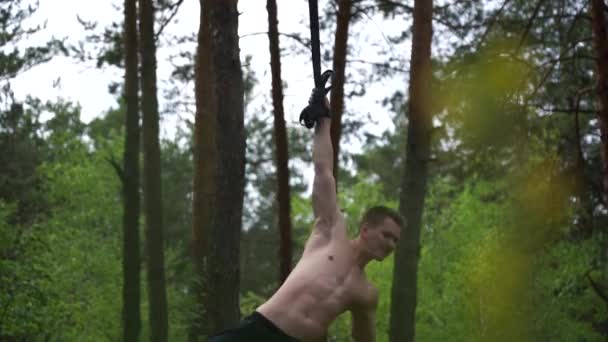 Een man die calisthenics doet in het groene park. Gezonde natuur en milieu — Stockvideo