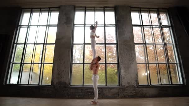 Dançarinas femininas e masculinas fazem pose com apoio em estúdio. Conceito de confiança, apoio e cuidado na relação — Vídeo de Stock