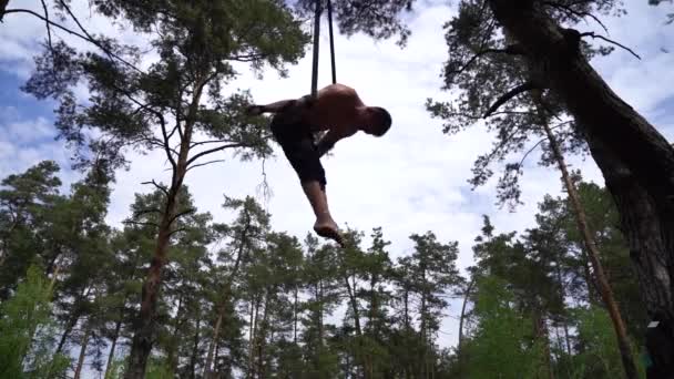 Hombre haciendo calistenia en el parque verde. Naturaleza y medio ambiente saludables — Vídeo de stock