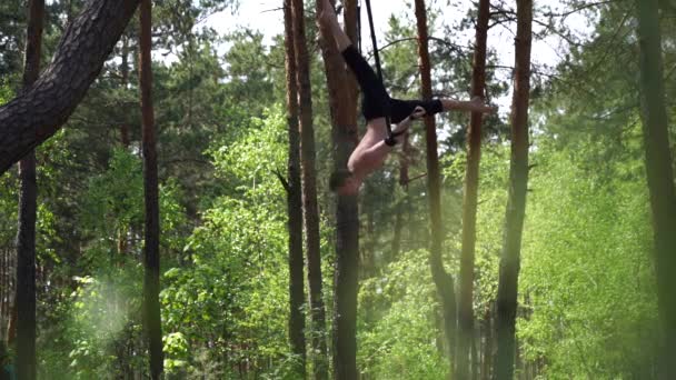 Homem a fazer calistenia no parque verde. Natureza e ambiente saudáveis — Vídeo de Stock