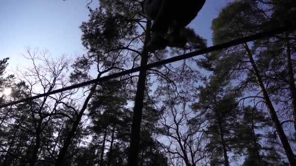 사람은 슬로우 모션으로 숲의 slackline 에서 점프 및 트릭을 수행 — 비디오