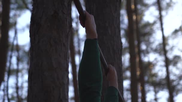 Man aan het trainen op de horizontale balk in het bos. Gezonde levensstijl — Stockvideo