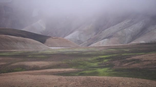 Pemandangan aktif vulkanik dengan katak, gletser, perbukitan dan lumut hijau di jalur Fimmvorduhals dekat Landmannalaugar hari yang cerah di musim panas, Islandia — Stok Video