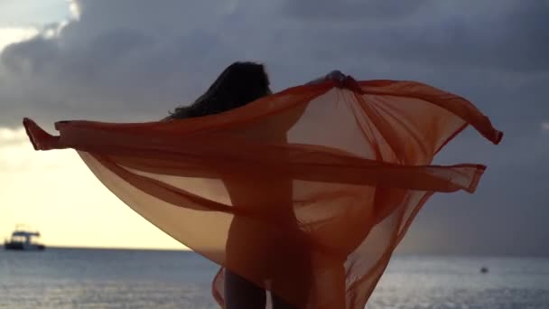 Silueta fit ženy tančící s hedvábím během dramatického západu slunce s bouřlivými mraky na pozadí mořského pláště. Koncept individuality, tvořivosti a sebedůvěry — Stock video