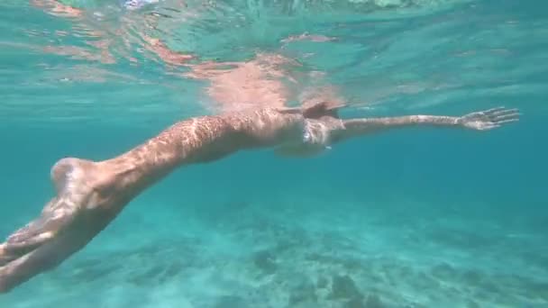 Suyun altında yüzen kadın. Tatil ve doğa kavramları. Su altı kamerasıyla çekilmiş. — Stok video