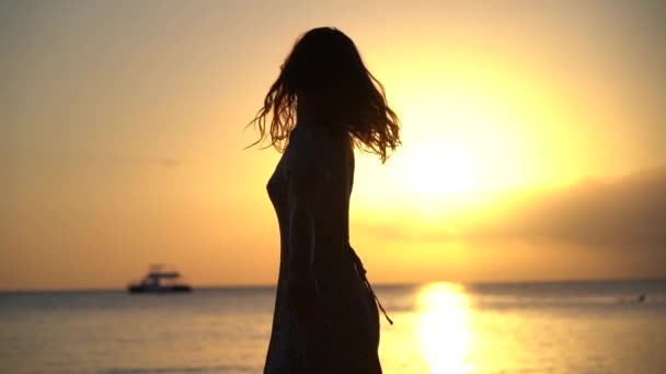 海に沈む夕日の中、気さくで幸せな女性が踊っています。健康的なライフスタイルと人生への愛の概念 — ストック動画