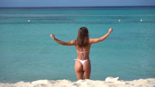 Slow Motion: Shot from Behind, Exotic Woman in white Bikini Walks to Ocean in to the beautiful sea water. Concepto de vacaciones y vacaciones — Vídeos de Stock