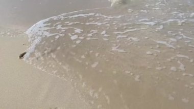 Deniz dalgası kumsalda ağır çekimde bir yazı yazar. Tatil ve eğlence kavramı 