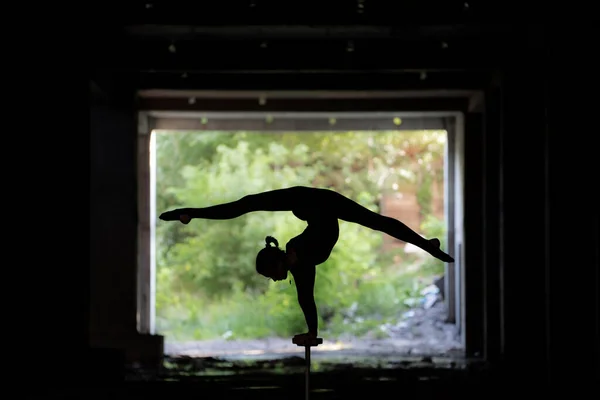 Silueta de artista de circo flexible haciendo handstand. Concepto de individualidad, creatividad y sobresaliente — Foto de Stock