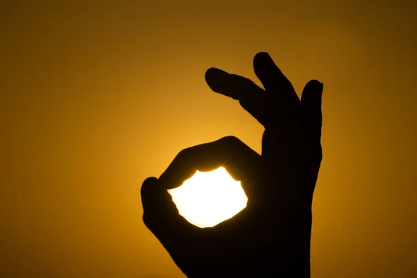 Silhouette of palm showing symbol expressing OK. Positive, agreement and approval concept — Stock Photo, Image