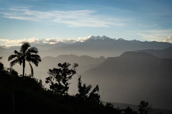 Vista de las montañas tropicales con paisaje nublado y palmeras en primer plano. Concepto de viaje y aventura — Foto de Stock