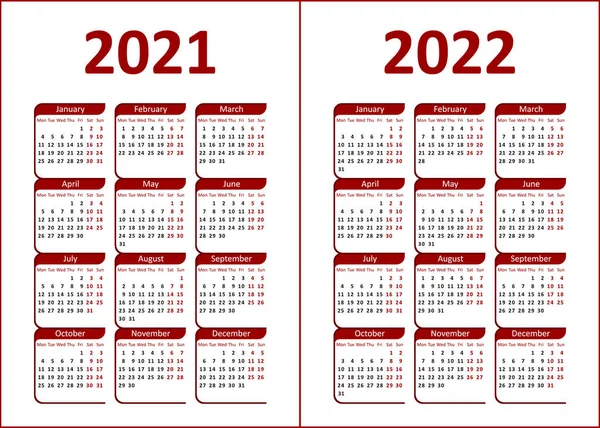 Calendario 2021 2022 Lettere Figure Rosse Nere Sfondo Bianco Settimana — Vettoriale Stock