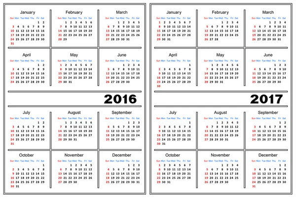 Calendar template 2016, 2017 — 스톡 벡터