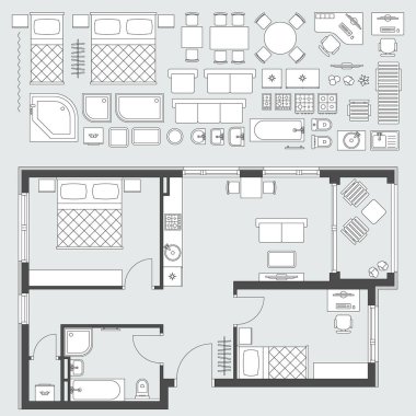Furnished apartment plan and furniture set.