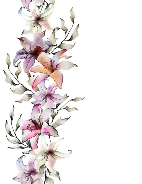 Belles Fleurs Lis Motif Sans Couture Sur Fond Blanc Illustration — Image vectorielle