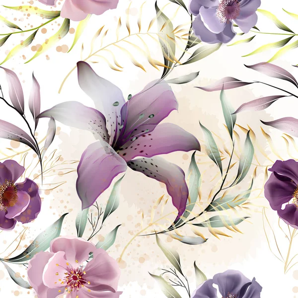 Vektor Bezešvé Vzor Zlatými Listy Akvarelem Lilie Květiny Exotické Botanické — Stockový vektor