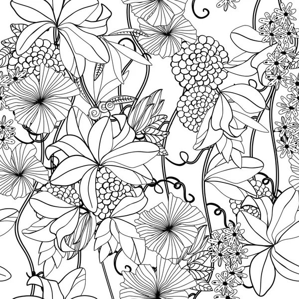白と黒の色でシームレスなパターン ストック ベクトル イラスト 概要図 モノクローム手描きのドアの花 — ストックベクタ