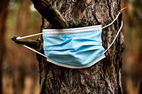 Surgical mask on a tree. Pollution of the planet. After the onset of the coronavirus pandemic, means of protection against COVID-19 began to pollute the environment.