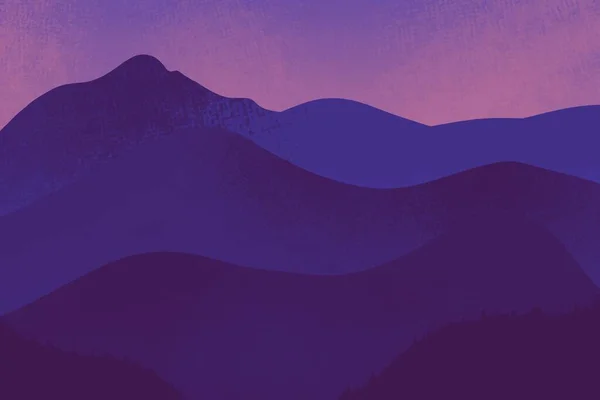 Ultra violet and royal purple mountain landscape. Sunrise and sunset in mountains. Natural background in Japanese style. Travel, adventure, calm energy concept. Outdoor layout design in oriental style