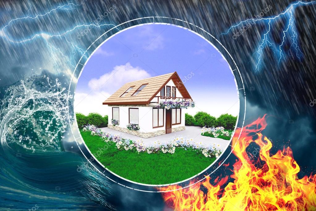 House insurance. House protected from fire, rain, lightning and  cataclysm.
