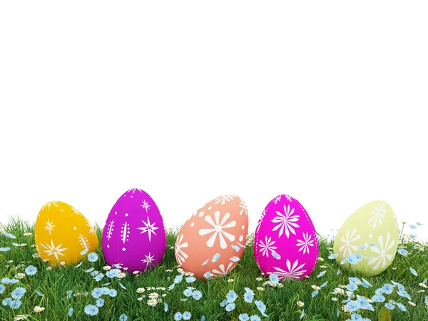 Цветные пасхальные яйца на лугу на белом фоне — стоковое фото