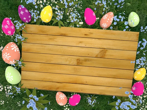 Великодні яйця і дерев'яний фон і красивий квітковий луг — стокове фото