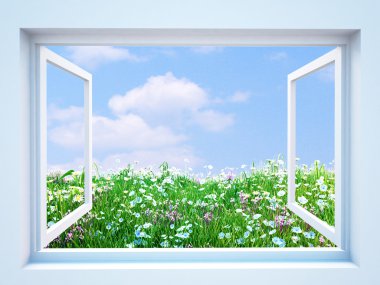 3D resimde açık pencereden güzel çayır