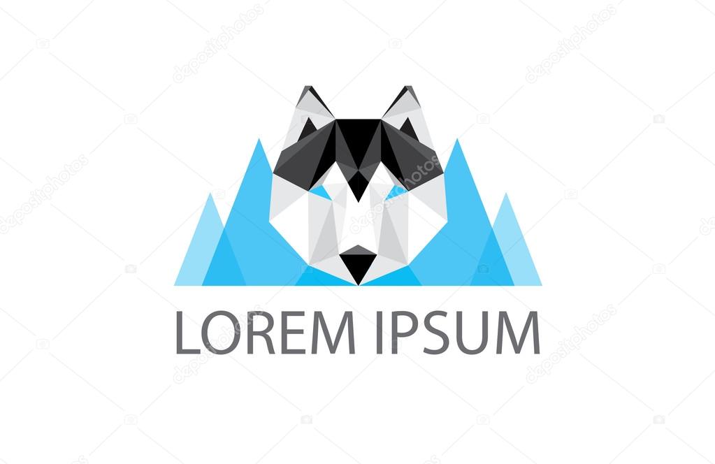 Low poly logo - geometric polygonal husky dog head and blue mountains in the background - great logo element for winter outdoor business