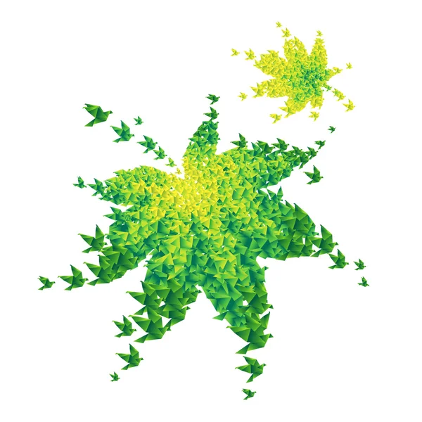 Origami grüne Blätter aus fliegenden Vögeln geformt - Vektor — Stockvektor