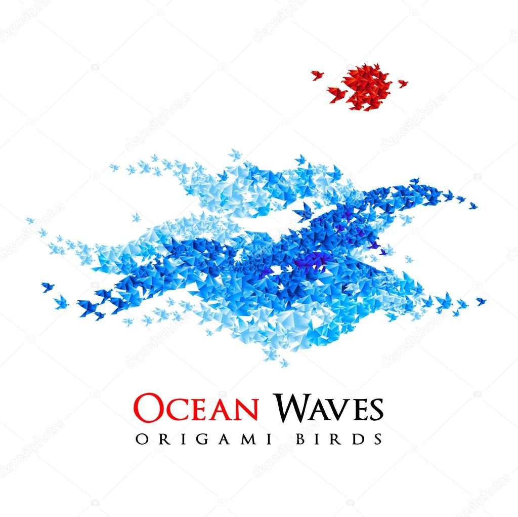 origami waves shaped from flying paper birds - vector