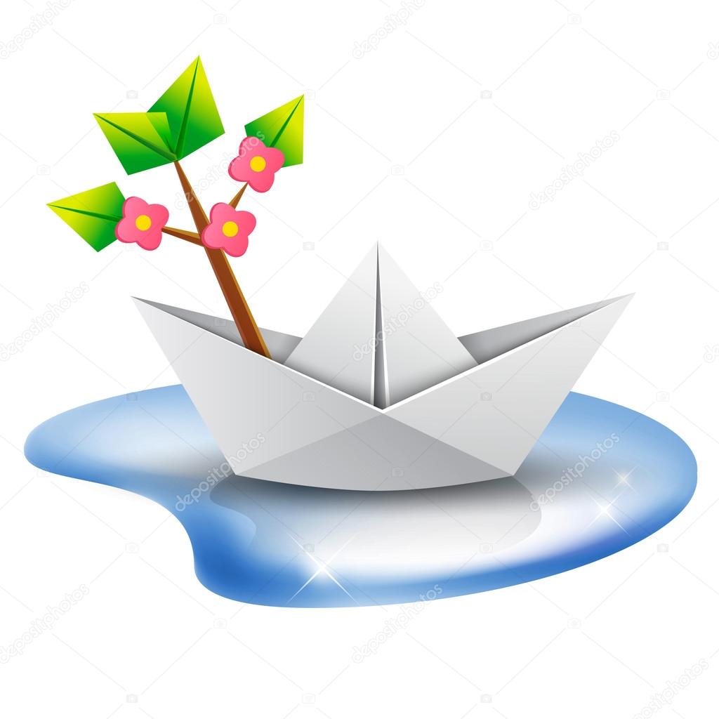 origami paper ship with a green tree 