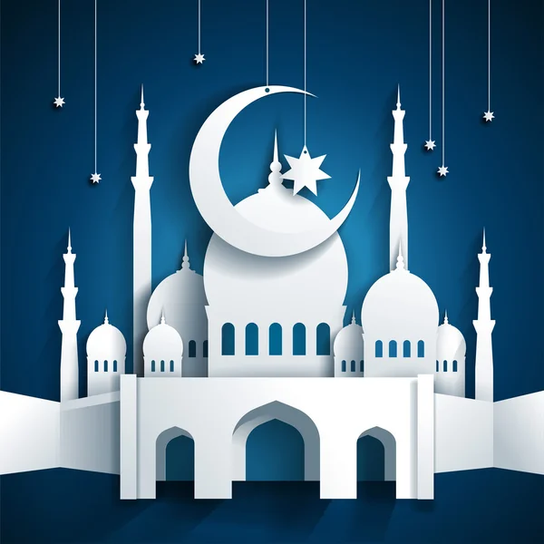 Mesquita 3d e lua crescente com estrelas - Ramadã Kareem ou Ramaz — Vetor de Stock
