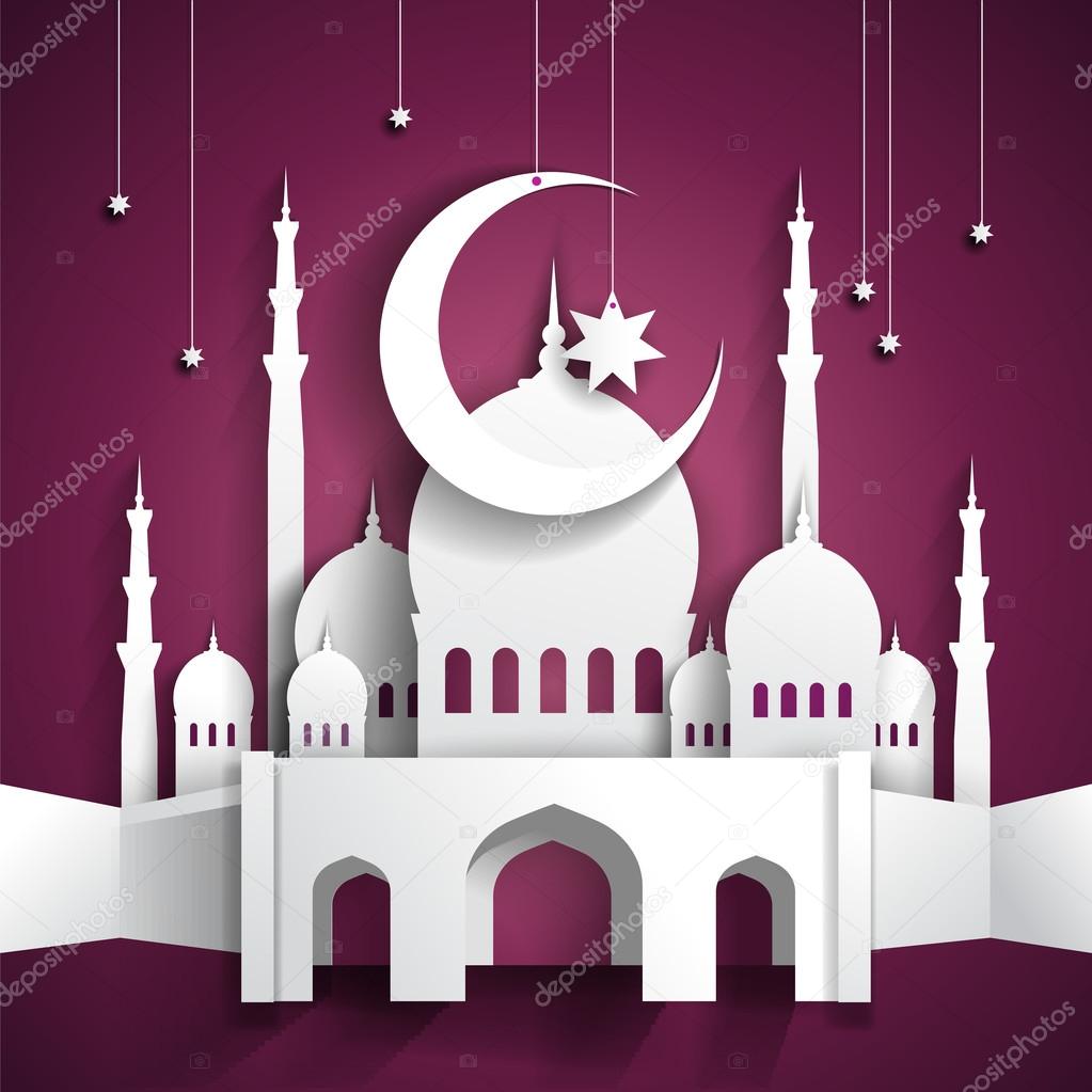 Ramadan background with 3d paper mosque - hari raya - vector ill