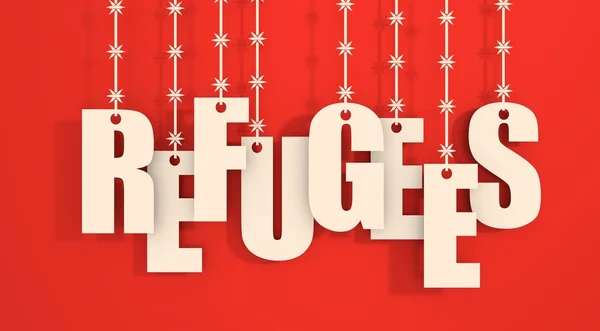 Refugiados texto pendurado por arame farpado — Fotografia de Stock