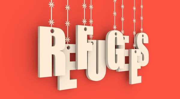 Flygtninge tekst hængende ved pigtråd - Stock-foto