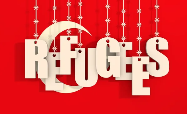 Mülteciler dikenli tellerden sarkan metinler — Stok fotoğraf