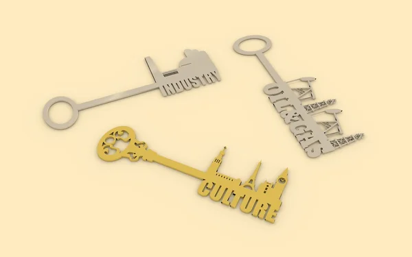 Verschiedene Schlüssel mit Grenzsteinen, Fabrik, Gasanlage und Pumpenbuchse — Stockfoto