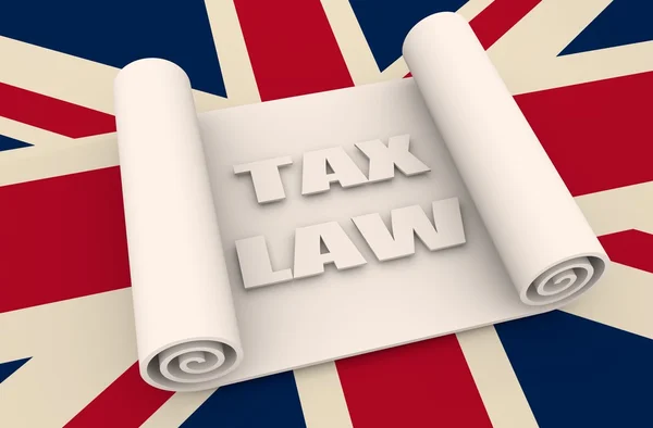 Rolagem de papel sobre fundo texturizado pela bandeira do Reino Unido. Texto do direito fiscal — Fotografia de Stock
