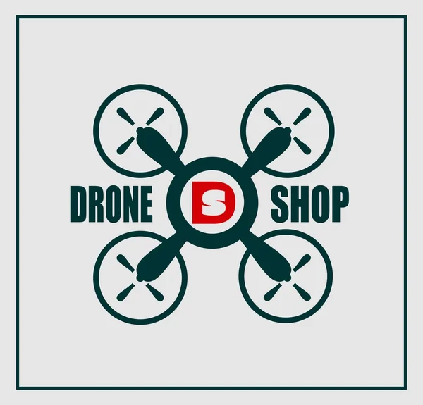 Drone quadrocopter ikon. Drone shop text och emblem — Stock vektor