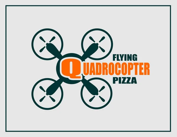Drone quadrocopter ikon. Quadrocopter flygande pizza text — Stock vektor