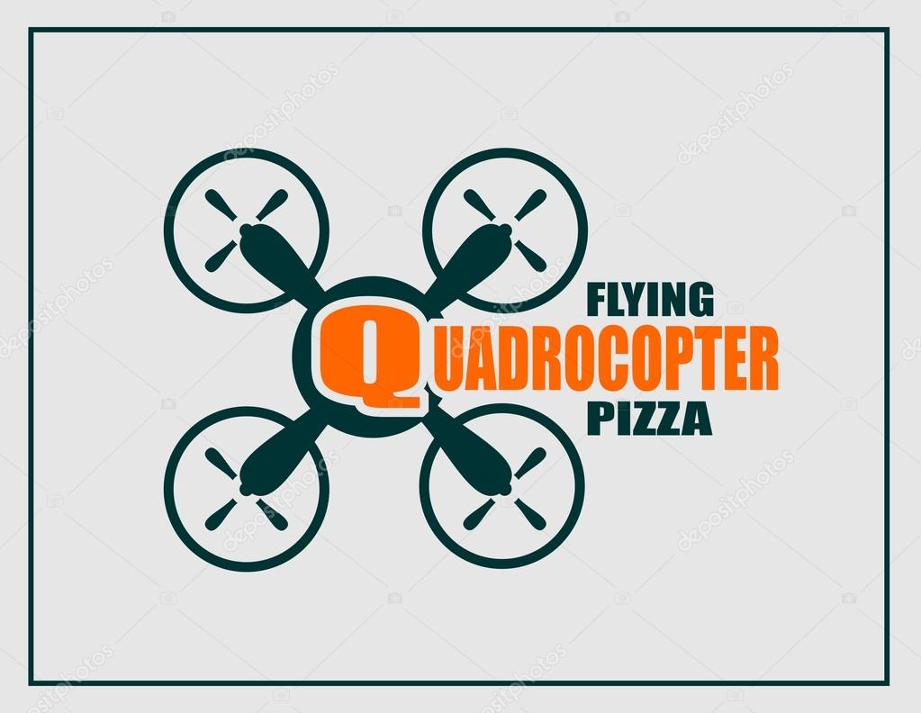 Drone quadrocopter icon. Flat symbol. Vector illustration. Quadrocopter flying pizza text