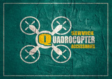Drone quadrocopter simgesi. Quadrocopter hizmet ve aksesuarları metin