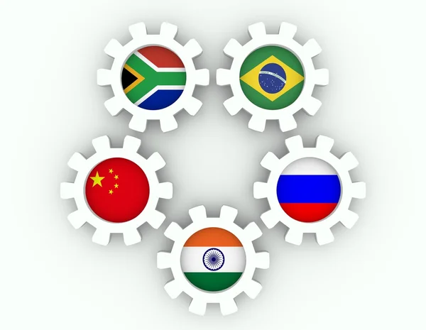BRICS członków związku flagi narodowe na koła zębate — Zdjęcie stockowe
